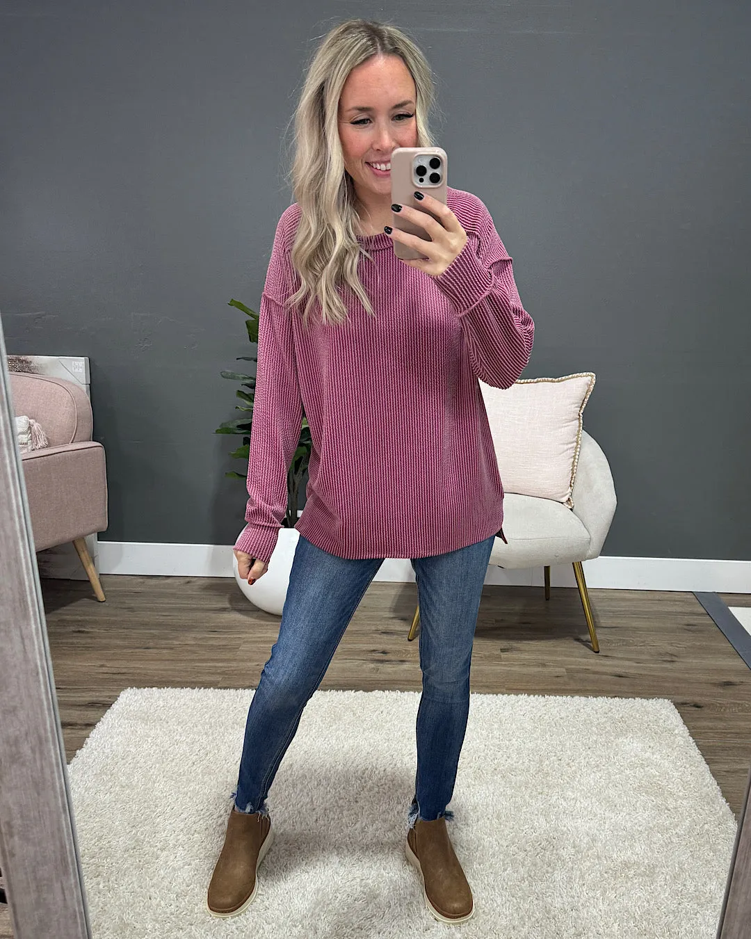 NEW! Becca Corded Raw Seam Top - Maroon