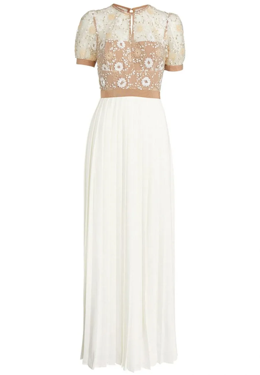 Nude Floral Sequins White Chiffon Maxi Dress