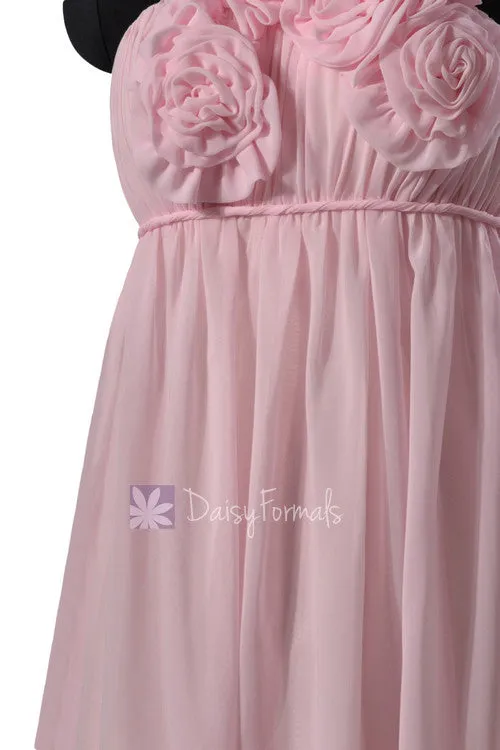 One Shoulder Light Pink Chiffon Bridesmaid Dress Pink Materinity Party Dress W/Rosettes(BM1031S)