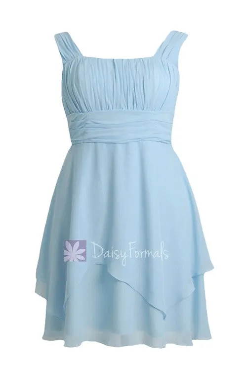 Plus Size SKy Blue Chiffon Party Dress Knee Length Bridesmaid Dress W/Straps(BM912)