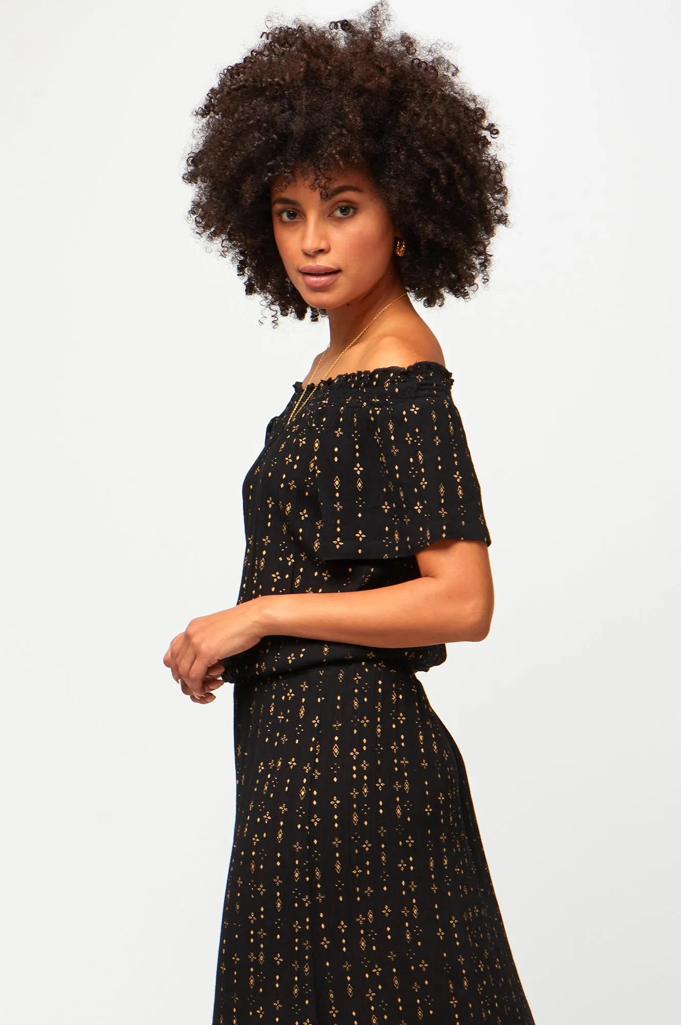 Raela Bardot Dress | Star Aztec Gold/Black