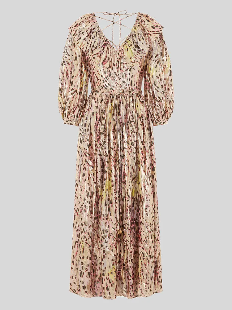 SAMPLE - Hypnotic Cheetah V Neck Frill Silk Lurex Jacquard Maxi Dress - SIZE SMALL