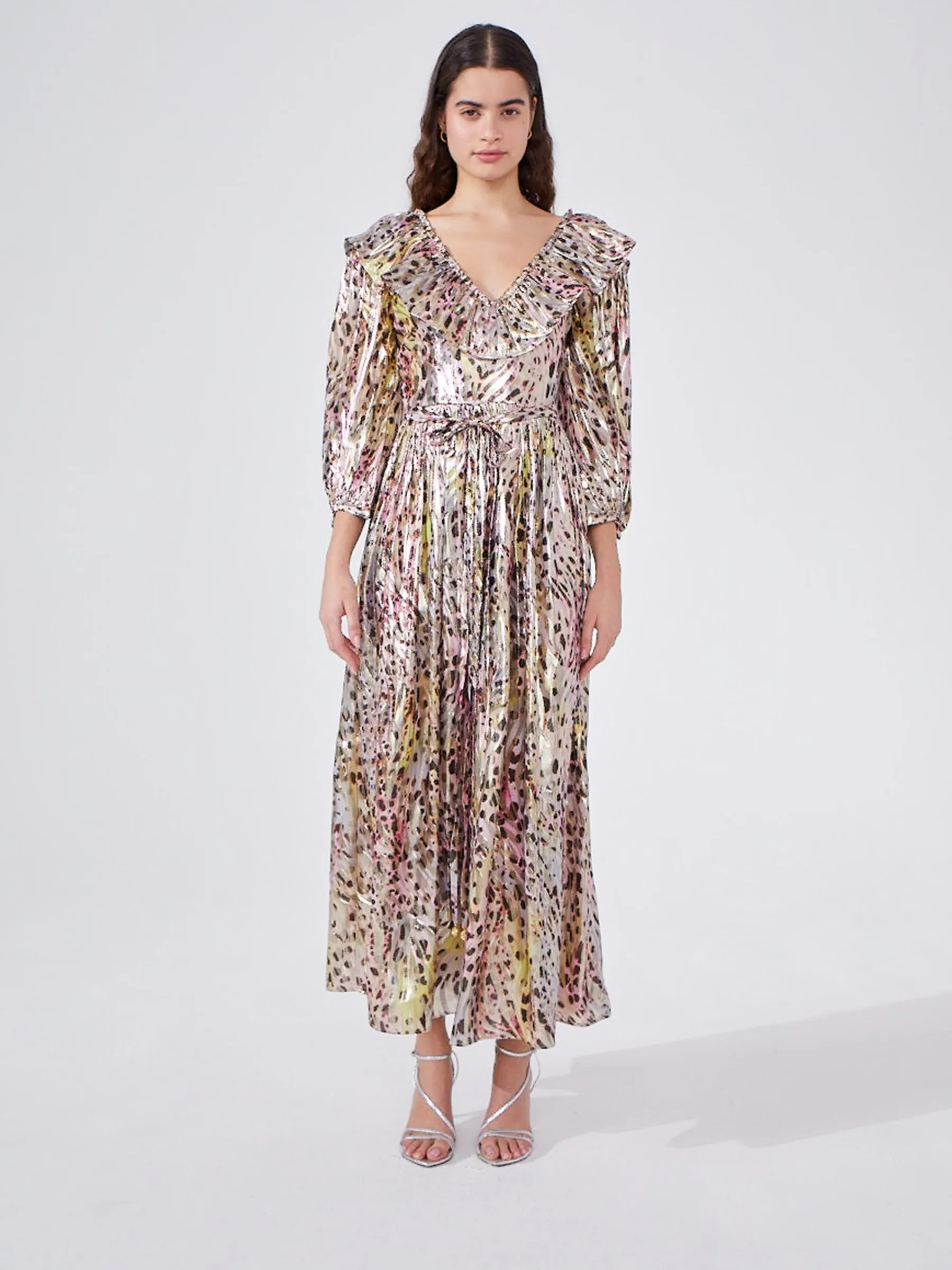 SAMPLE - Hypnotic Cheetah V Neck Frill Silk Lurex Jacquard Maxi Dress - SIZE SMALL