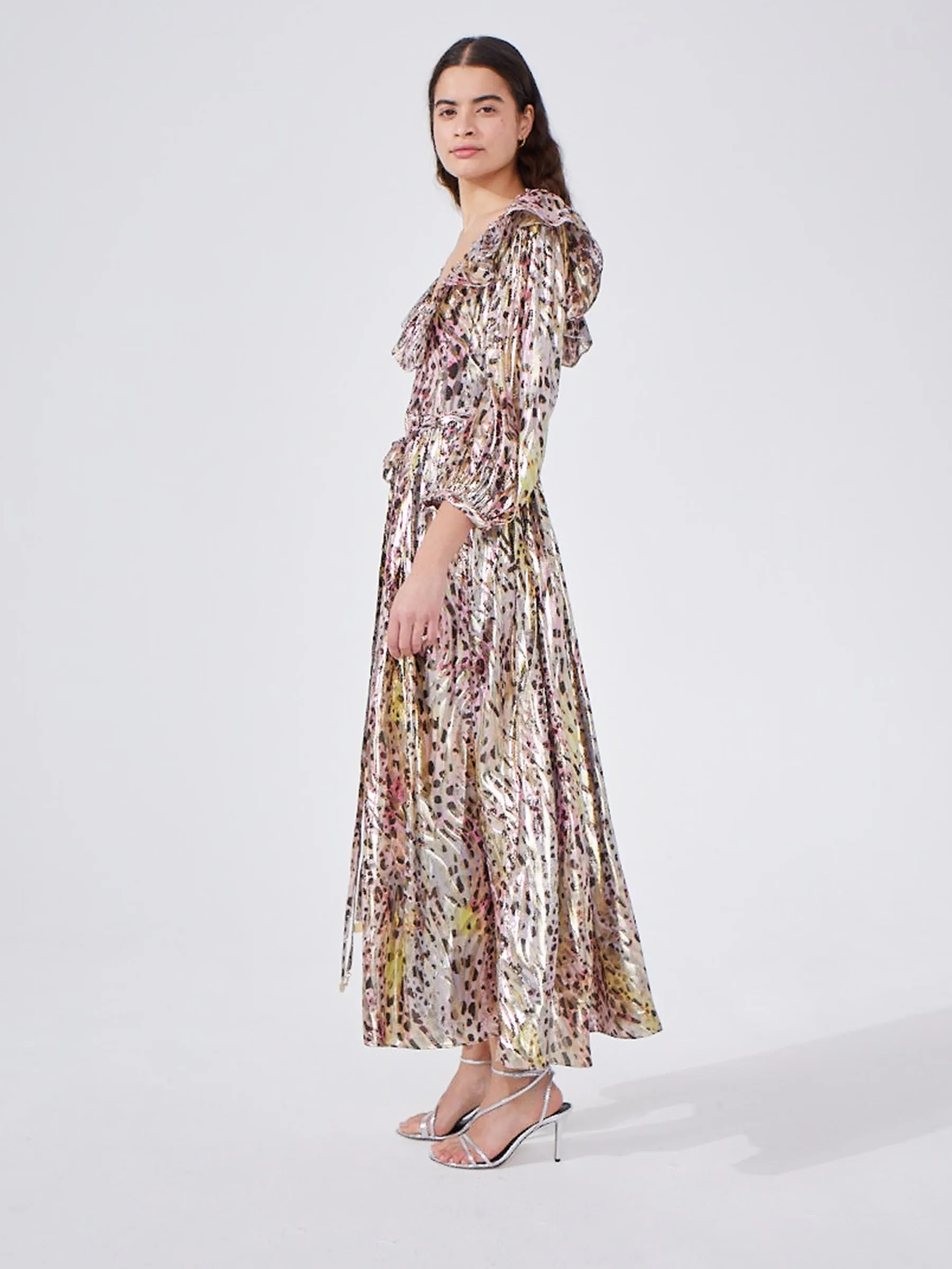 SAMPLE - Hypnotic Cheetah V Neck Frill Silk Lurex Jacquard Maxi Dress - SIZE SMALL