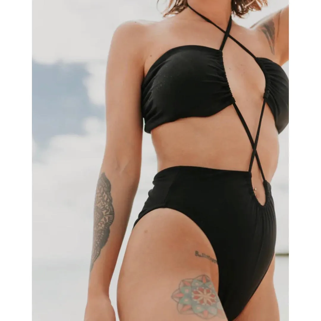 Solid black one-piece bikini set CO23240