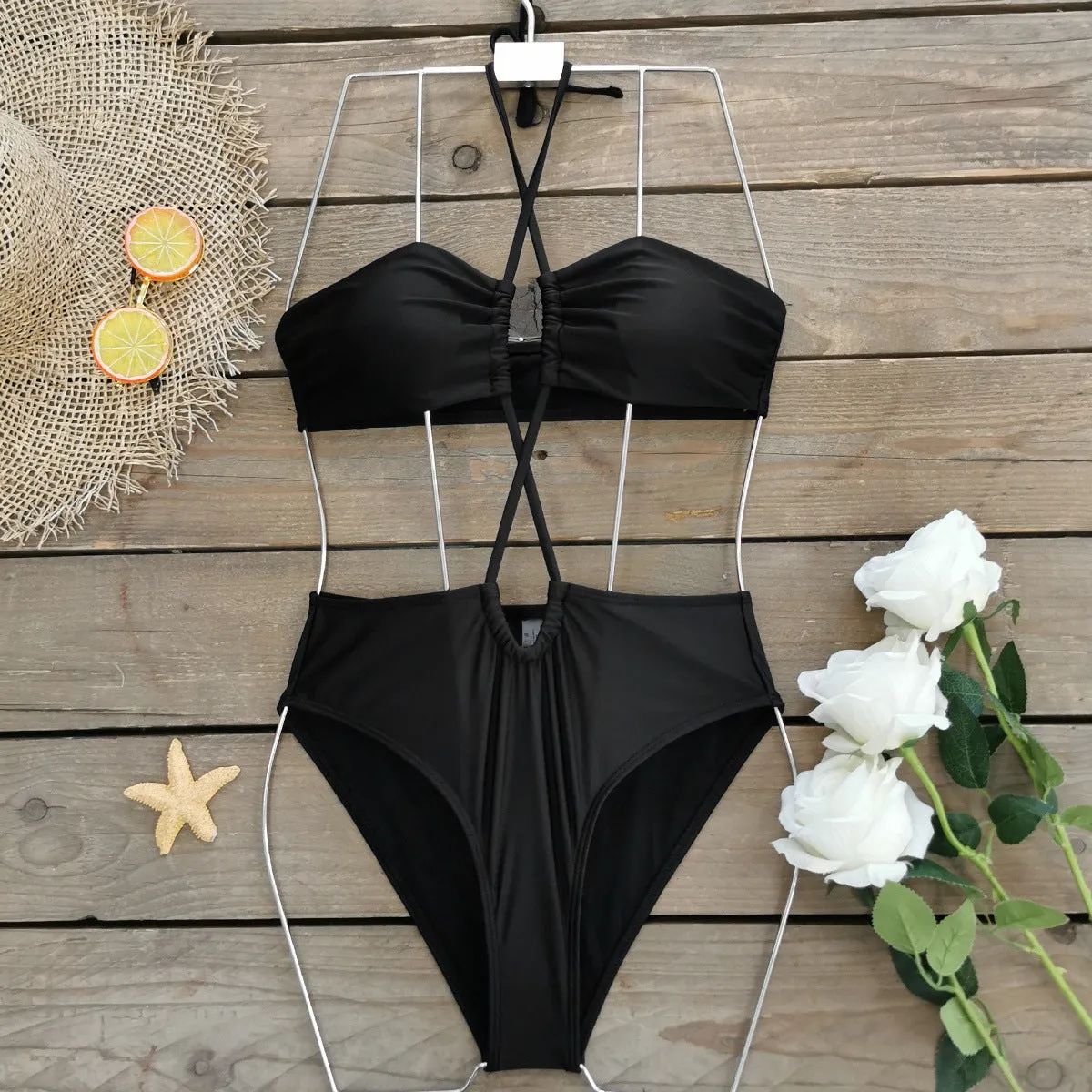 Solid black one-piece bikini set CO23240