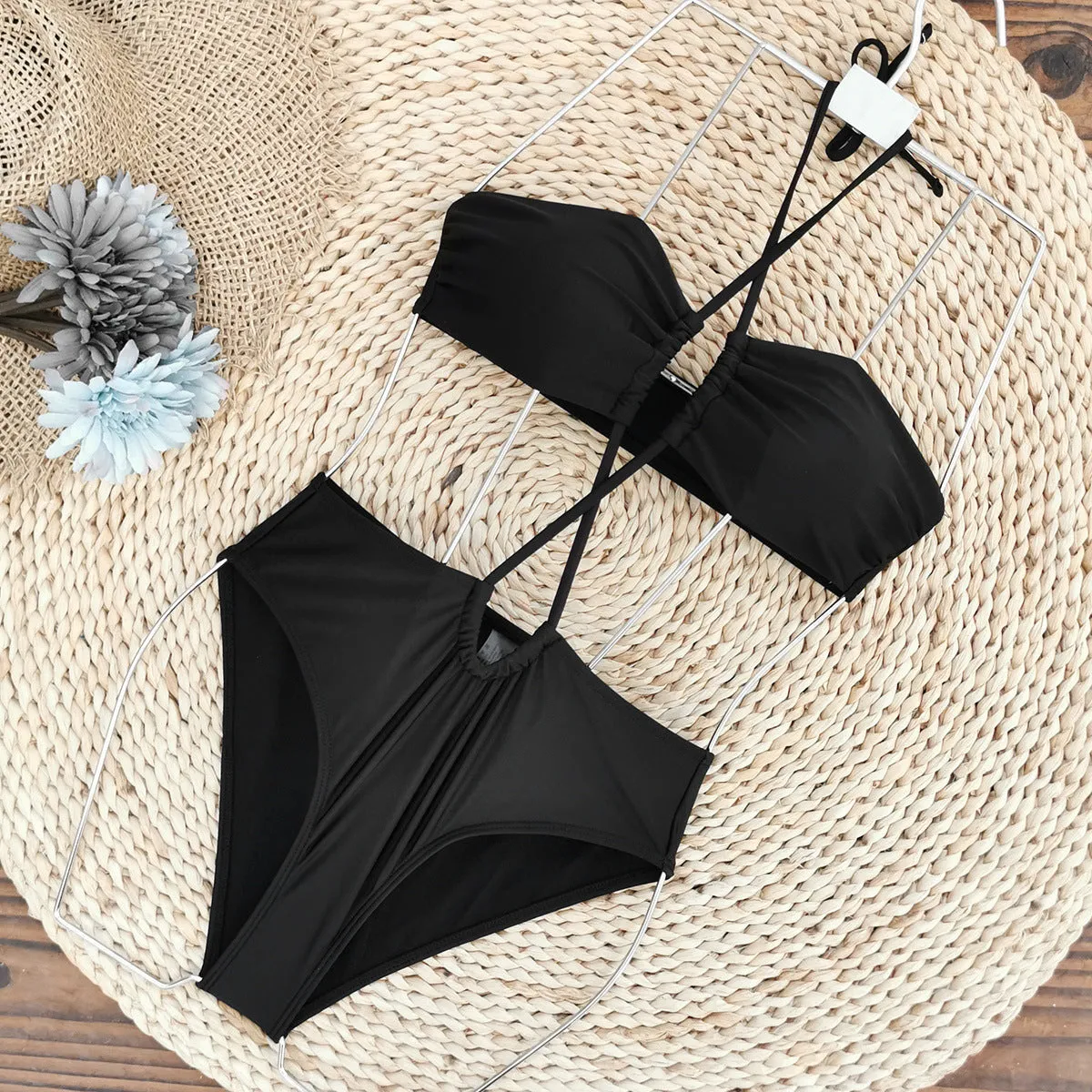 Solid black one-piece bikini set CO23240