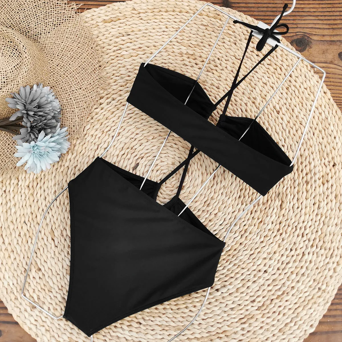 Solid black one-piece bikini set CO23240